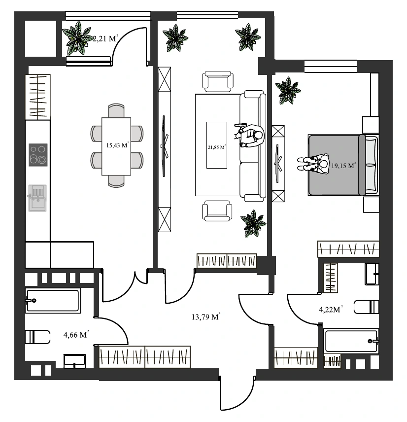 SOHO — планировка 2-комнатной квартиры 81 м²